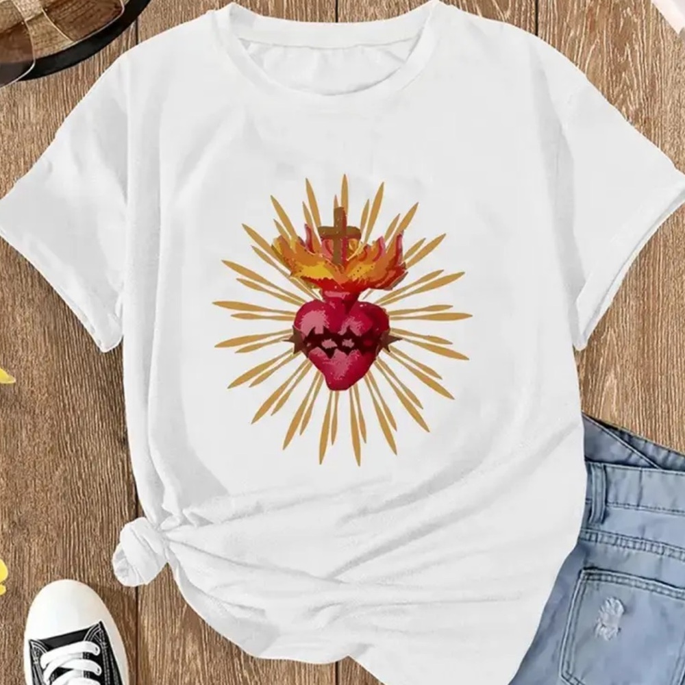 White Short sleeve Sacred Heart crowned flaming heart print tee women XL new